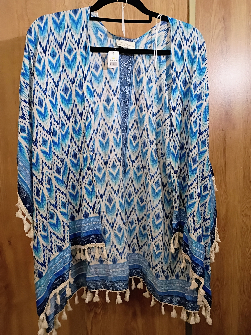 Bobbie Brooks Blue and White Ikat Tassel Swim Coverup Kimono